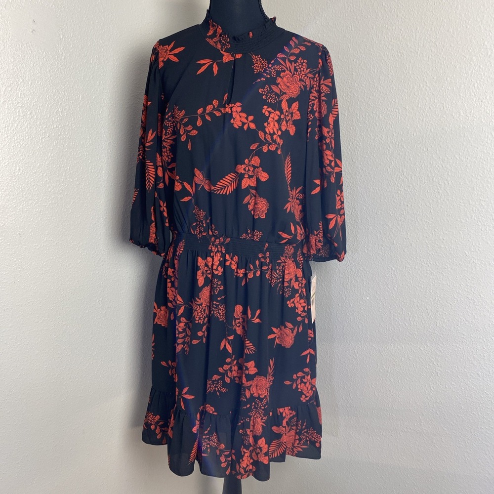 Nanette Lepore Smocked Waist Dress 14 Red Black Floral Flounce Hem Puff Sleeve